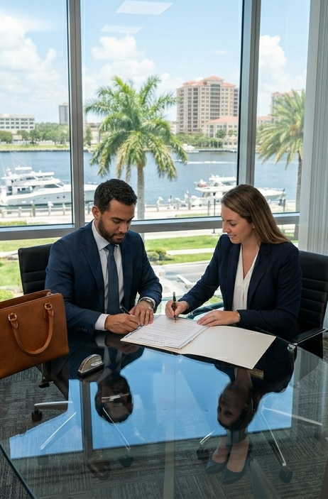 Notario del Condado de Palm Beach entregando documentos apostillados a un cliente